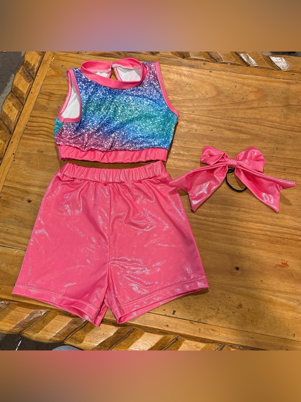 Girls Sparkle Pink Shorts Set with Rainbow Sequin Top and Bow